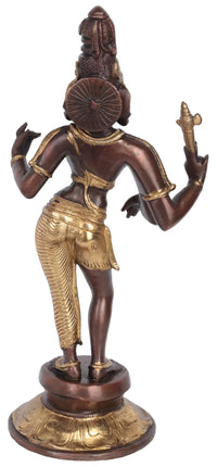 Ardhanarishvara brass sculpture back view, circular hair ornament, gold belt trim