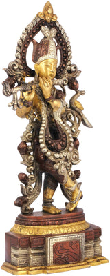 Handmade brass Krishna figurine in brown, raised right hand and detailed garlands