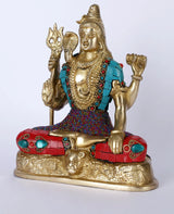 Handmade brass Shiva statue, raised hands in Ashirwad mudra, teal pendant, beaded red base