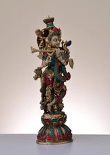 Handmade brass Krishna statue, 18 in, standing pose with right hand raised and flute