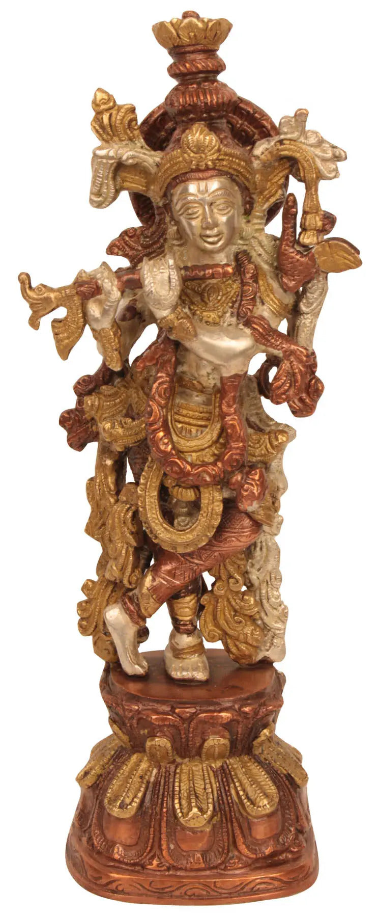 Handmade brass Krishna fluting statue with ornate crown and dancing pose, 13 in