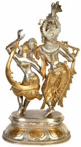 Brass dancing Radha Krishna figurine, Radha draped skirt, raised pedestal base