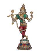 Handmade brass Cosmic Krishna statue, raised arms, green and red mosaic outfit, 17 in