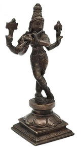 Lord Murli Krishna antique brass statue with flute, detailed robe and base