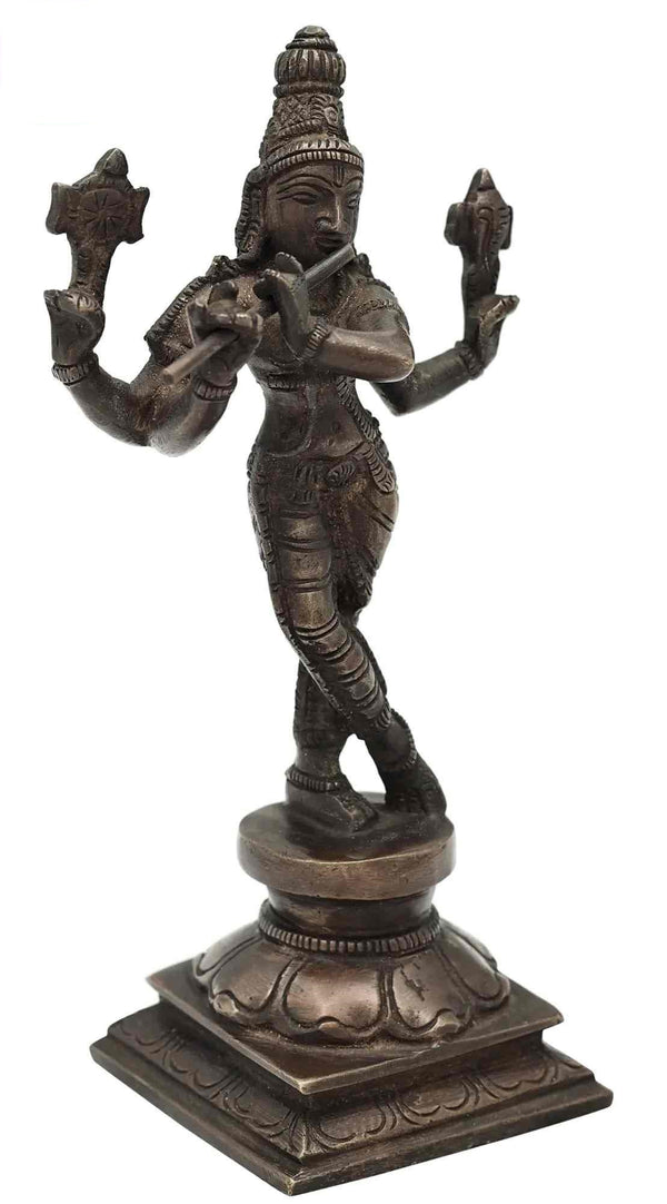 Handmade Antique Brass Lord Murli Krishna Statue 7.2 INCHES Entryway Setting
