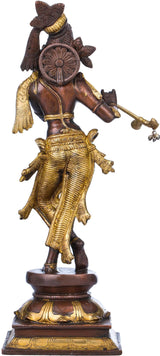 Rear view of standing Lord Krishna brass statue holding flute, ornate crown, 14 in