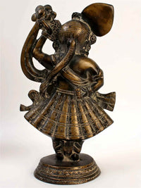 Antique brass Shri Krishna as Shrinathji statue, seated pose with fan-like headpiece