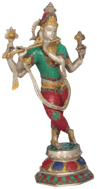 AONA handmade brass Cosmic Krishna figurine, standing pose with flute and teal tunic, 17 in