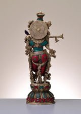 Handmade brass Krishna statue, 18 in, rear view with disc ornament and jeweled details