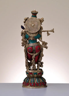 Handmade brass Krishna statue, 18 in, rear view with disc ornament and jeweled details