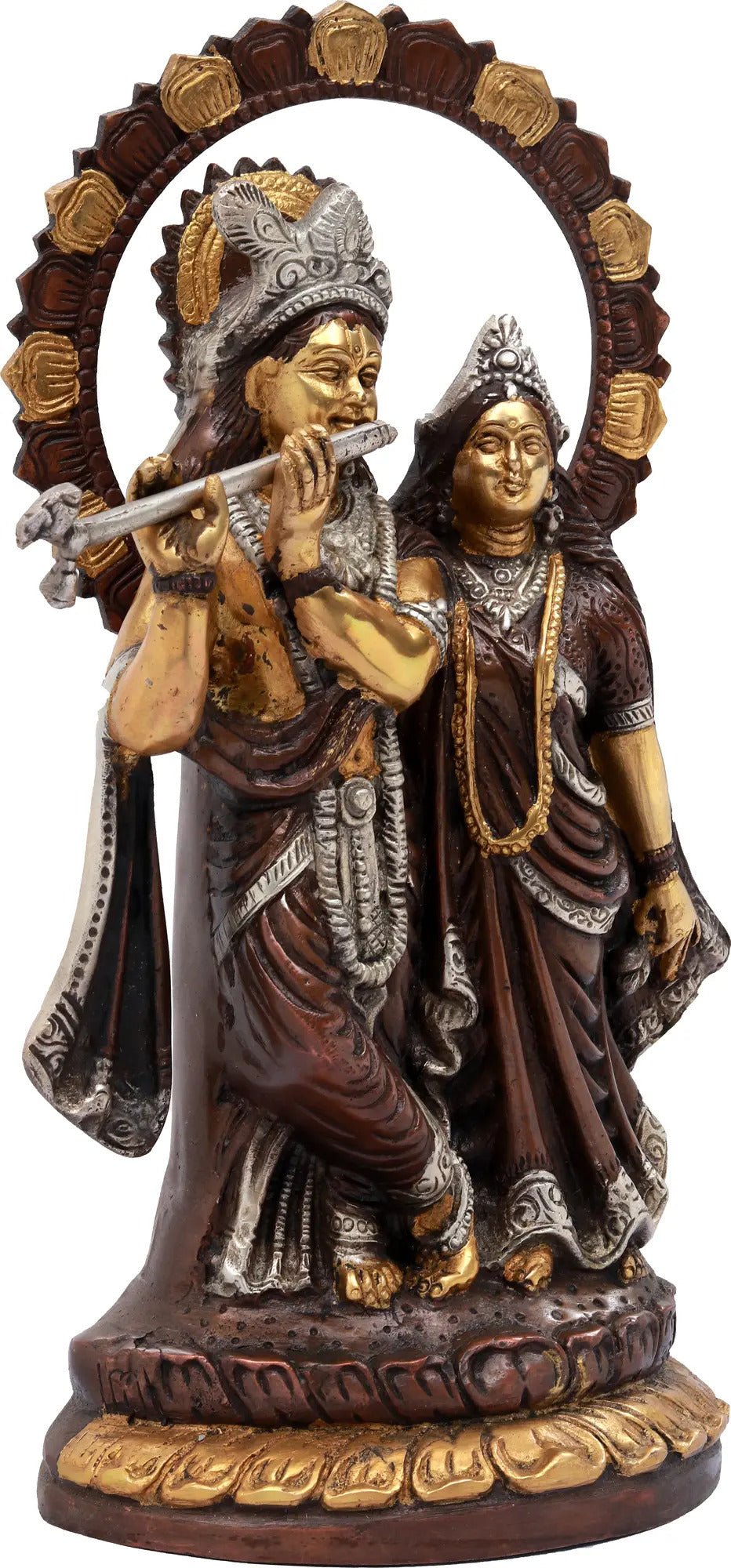 Brown Silver Gold Brass Radha-Krishna Idol with Lotus-studded Aureole 13 Inches