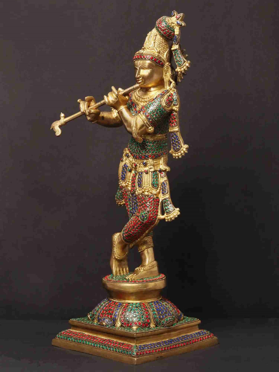 Brass Statue of Tribhanga Murari Krishna Playing Flute with Inlay Work 24 inches Craft Detail