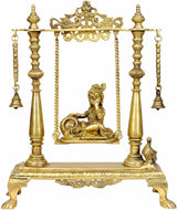 16-inch brass Krishna butter statue on swing with chained frame and bells