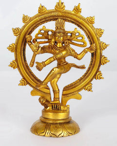 Dancing Lord Shiva brass figurine with circular halo, 7-inch