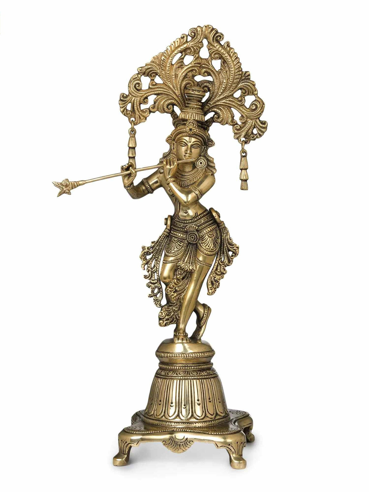 Messingstatue von Krishna (14 Zoll), aufrecht, mit Flöte und reich verzierter Krone