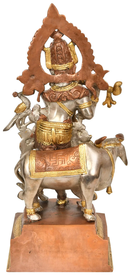 Handmade Brass Statue of Krishna with Cow 13 inches