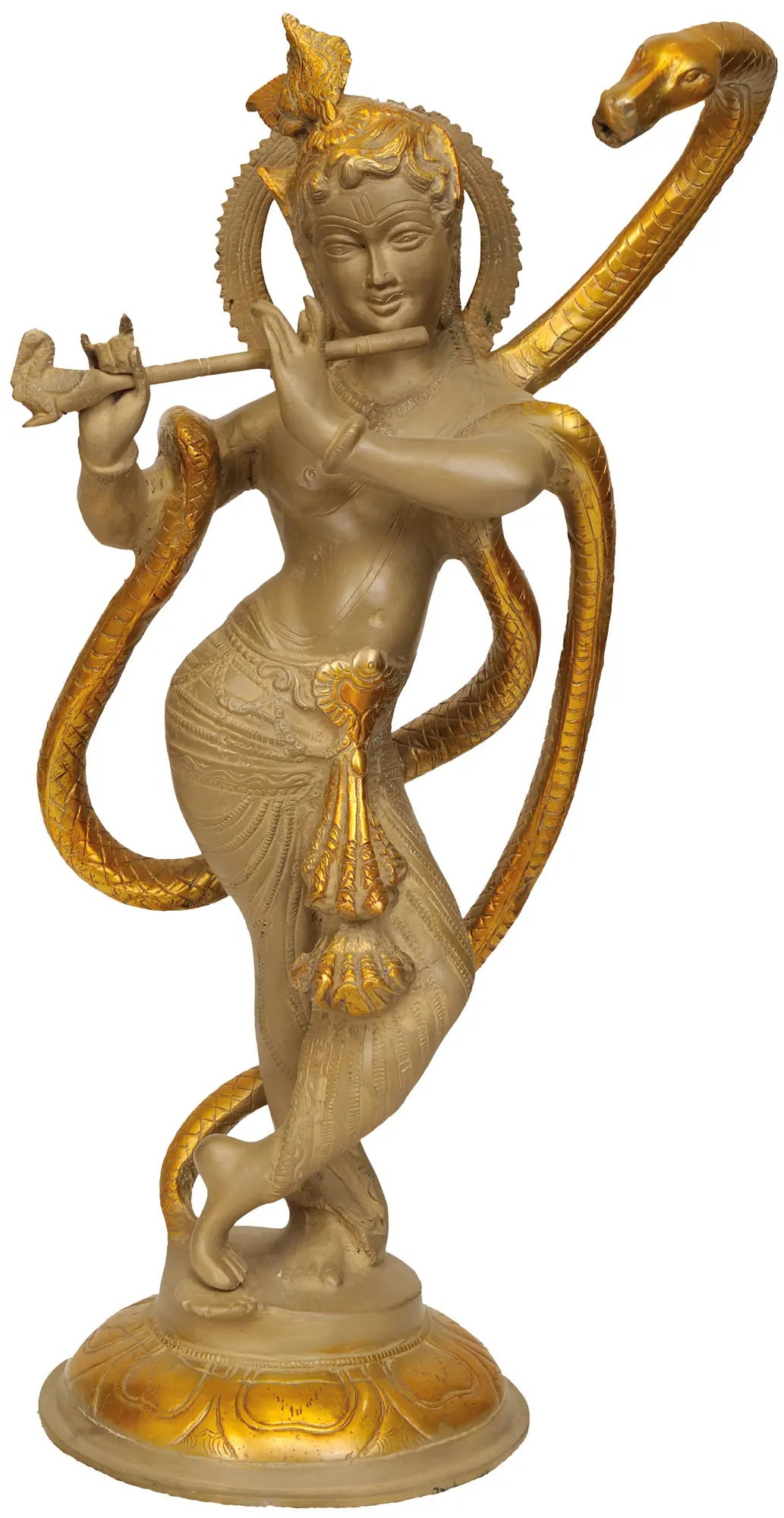 Handmade Brass Statue of Sri Krishna and Kaliya 15 Inches