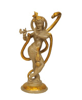 Handmade brass statue of Sri Krishna standing with coiled Kaliya snake, 15 inches