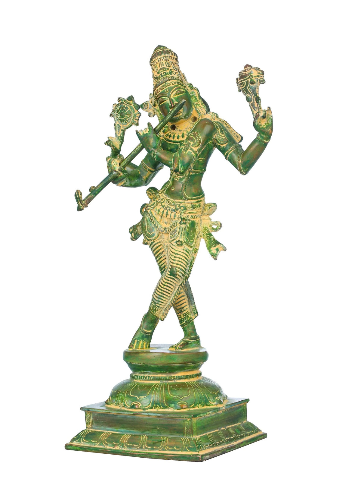 Green brass Krishna cosmic form statue standing on pedestal, 14 in