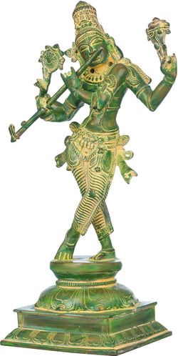 Handmade Green Chala Brass Statue Depicting Lord Krishna's Cosmic Form, the Eighth Incarnation of Vishnu 14 inches