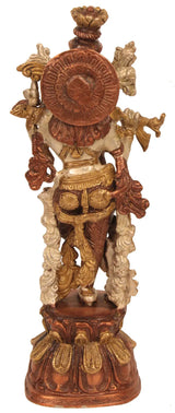 Brass Krishna statue from back, round halo disc, flute motif, detailed ornament, 13 in