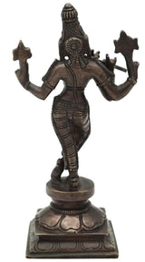 Antique brass Lord Murli Krishna figurine with flute, star ornaments on raised arms