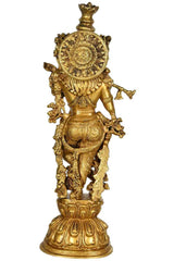 Handmade brass Krishna statue, detailed back medallion and flute hand, 24 in