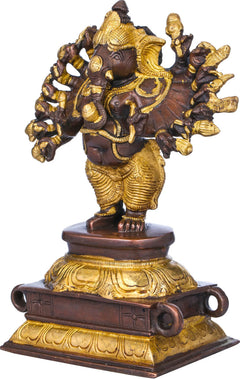Brass and dark bronze Ganesha idol with sixteen arms, side view, raised on base