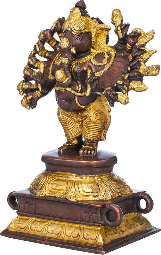 Brass Brown gold Sixteen-Armed Vira Ganesha Sculptures 8 inches