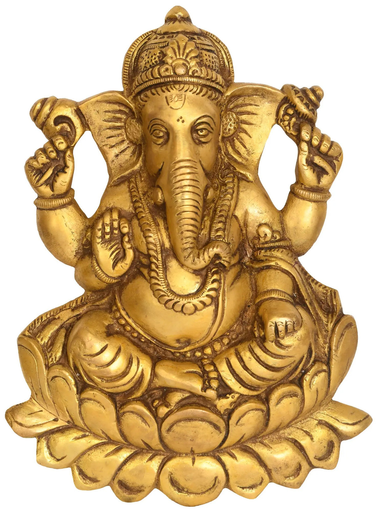Brass Ganesha wall hanging statue on lotus, detailed face and four arms