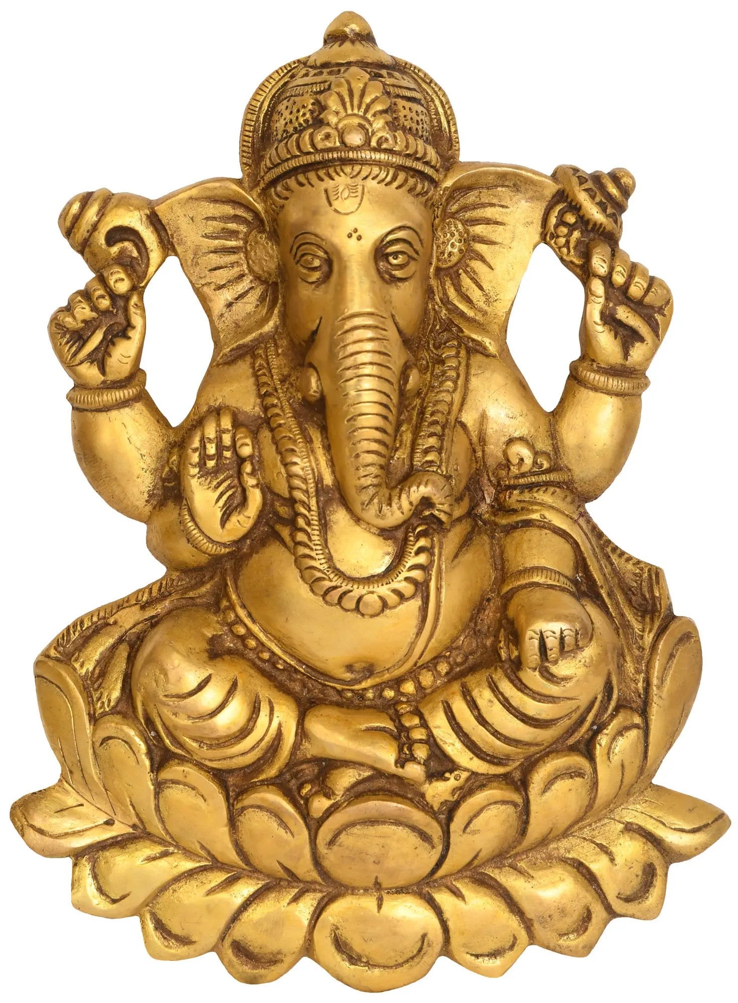 Brass Flat Wall Hanging Statue of Ganesha on a Lotus 9 inches