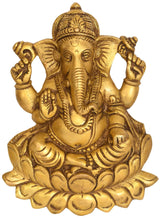 Brass Ganesha wall hanging statue on lotus, detailed face and four arms