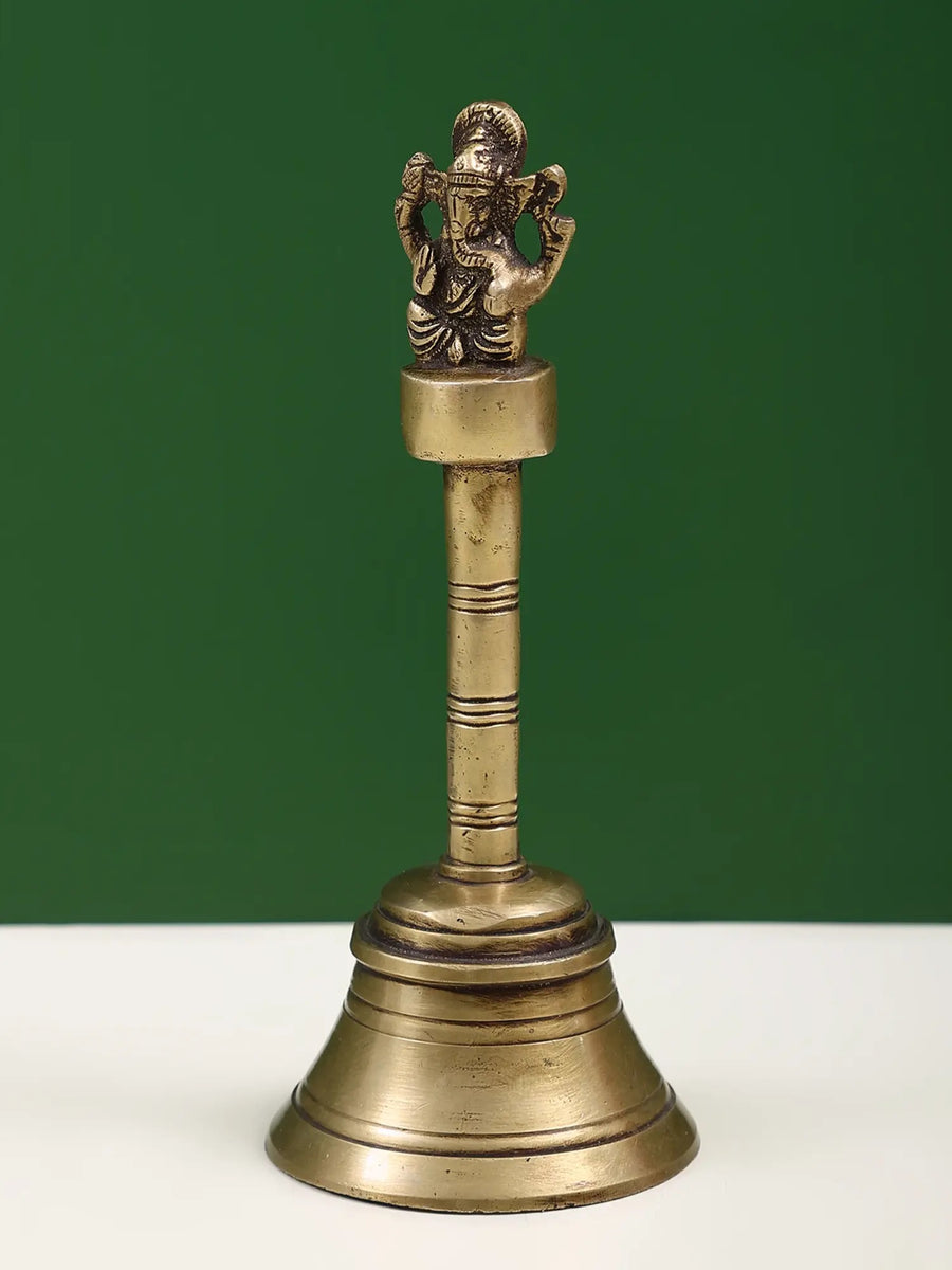 Handheld Brass Bell with Ganesha Design 7 inches Craft Detail