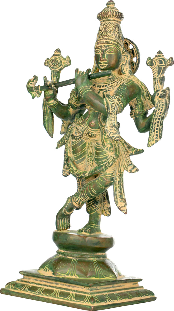 Blue Gold Handmade Brass Statue of Lord Krishna | God Idol for Temple 12 inches Entryway Setting