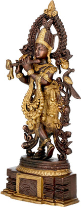 Handmade brass Lord Krishna statue, detailed filigree, side view, pedestal base with panel