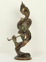 Brass Krishna idol playing flute with peacock-feather headdress, 21 in