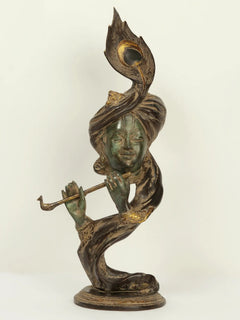 Brass Krishna idol playing flute with peacock-feather headdress, 21 in