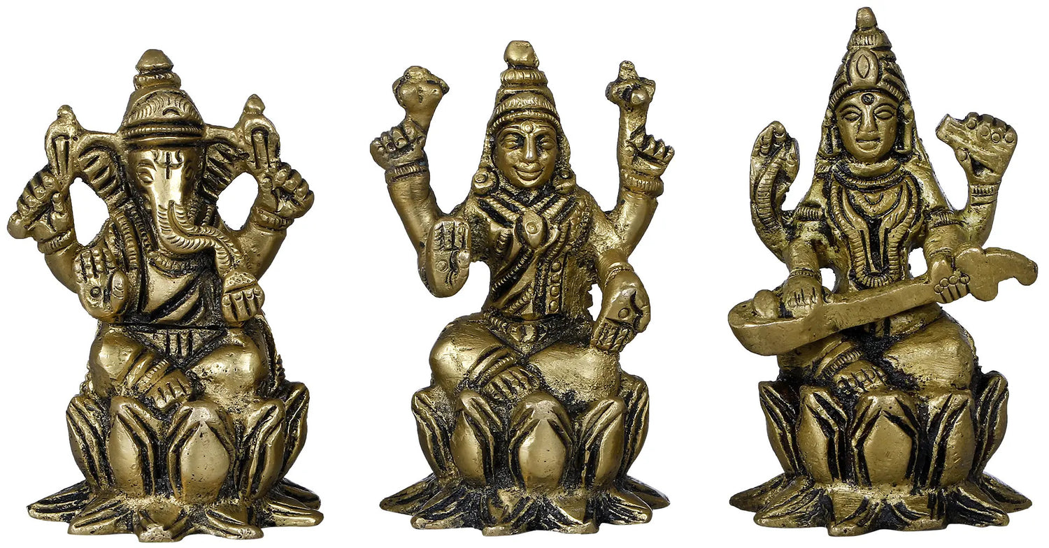 Small Brass Idol of Lakshmi, Ganesha, and Saraswati 2 inches