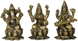 Small brass Lakshmi, Ganesha, Saraswati idol set, 2 inches, seated tri-figure