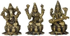 Small brass Lakshmi, Ganesha, Saraswati idol set, 2 inches, seated tri-figure