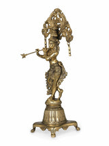 Messingstatue von Krishna (14 Zoll), stehende Figur mit Flöte und filigranen Ornamenten