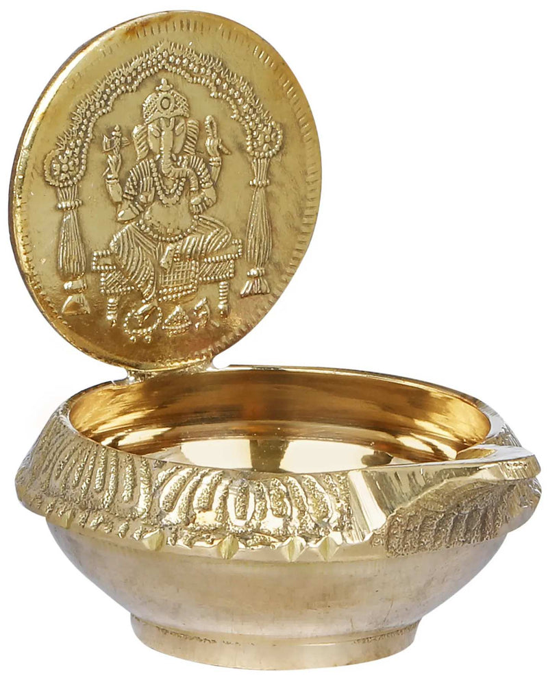 Brass Small Puja Diya (Lamp) with Throne Ganesha 2 inches