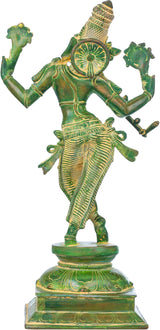 Green brass Krishna cosmic form statue from side view, trident-like weapons, 14 in