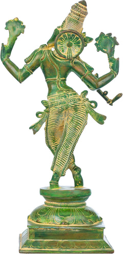 Green brass Krishna cosmic form statue from side view, trident-like weapons, 14 in