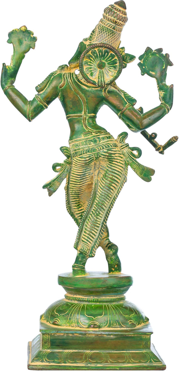 Handmade Green Chala Brass Statue Depicting Lord Krishna's Cosmic Form, the Eighth Incarnation of Vishnu 14 inches Study Setting