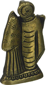 Brass Radha-Krishna statue, close side view with patterned robes and jewelry
