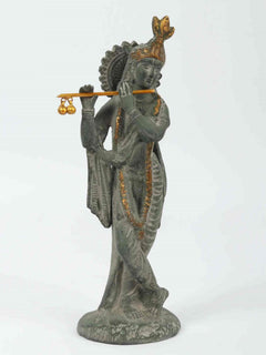 Handcrafted green patina brass Krishna flute statue, side view, arched headdress, golden bars