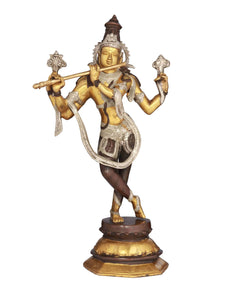 Handcrafted Lord Krishna cosmic-form brass statue in gold and silver, standing pose