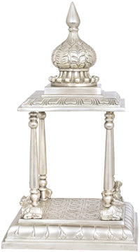 Handmade brass-silver Vedika makeshift altar stand, 13 in, carved pillar base