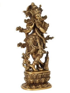 Handmade natural brass Krishna idol playing flute, side view with detailed jewelry